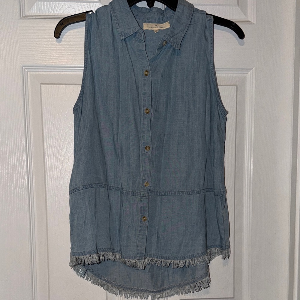 Thread & Supply Sleeveless Blue Button Down with Fringe